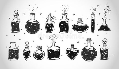 Doodles with pharmaceutical flasks, beakers and test tubes. Sketches of chemical laboratory objects with magic potion on. White background. Vector illustration vector illustration Simple Potion Bottle Tattoo, Small Potion Tattoo, Tiny Potion Bottle Tattoo, Potion Jar Drawing, Potion Jar Tattoo, Potion Illustration Bottle, Vials Drawing, Erlenmeyer Flask Tattoo, Magic Potion Drawing