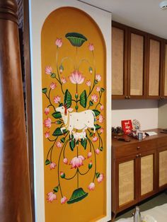 Mandir Room Wall Painting, Pichwai Paintings For Mandir, Wall Painting Ideas Indian Art, Puja Ghar Decoration Ideas, Pichwai Art On Wall, Wall Painting Ideas For Mandir, Pichwai Mandir, Pichwai On Wall, Mandir Wall Art