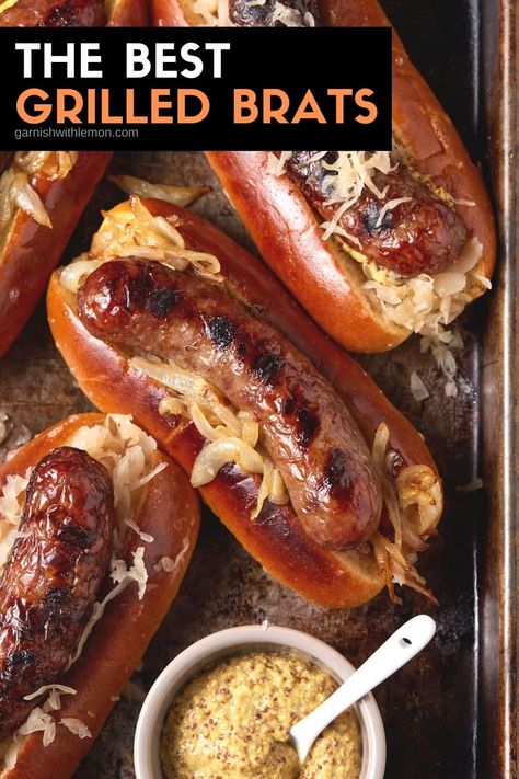 Easy summer meals are the best kind of meal. These Grilled Brats are juicy and packed with flavor. This easy recipe will give you perfect results every time and the best part? Dinner can be ready in 30 minutes. Grill Brats, Brats And Sauerkraut, Juicy Chicken Breast Recipes, Air Fryer Recipes Beef, Grilled Bratwurst, Grilled Brats, Frozen Sweet Potato Fries, Bratwurst Recipes, Easy Teriyaki Chicken