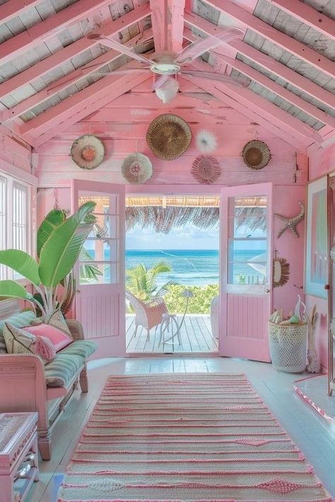 Beach Shabby Chic, Colorful Beach House Decor, Pink Beach House, Cute Beach House, Beach Cottage Ideas, Tropical Hideaway, Colored Houses, Dream Porch, Small Beach Houses