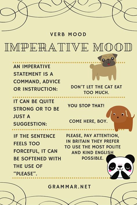 #Imperative mood  In English, each sentence has a mood, that is expressed through the verb. Verb moods are indicative, interrogative, subjunctive/conditional and imperative. Imperative Verbs, Ilets Preparation, Imperative Mood, Imperative Sentences, 8th Grade English, Cat Eat, 1st Grade Writing, Types Of Sentences, Teaching English Grammar