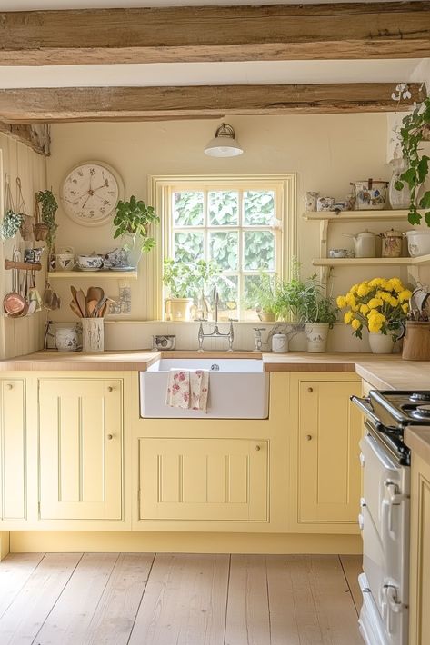 Yellow Pastel Kitchen, Cottage Style Tiny House Interior, Pastel Kitchen Walls, Pastel Farmhouse Decor, Whimsical Cottage Kitchen, Pastel Vintage Kitchen, Colorful Cottage Decor, Kitchen Ideas Cottagecore, Pastel House Interior