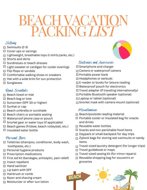 A thorough list of items that you would need for your future beach vacation! Weekend Beach Trip Packing List, Beach Packing List Family, Packing List For Vacation Beach, 7 Day Beach Vacation Packing List, Beach Itinerary, Beach Trip Packing List, Beach Checklist, Weekend Beach Trip, Beach Trip Packing