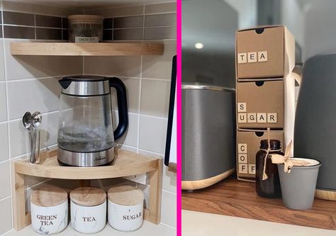 Bedside Coffee Station, Kmart Coffee Station, Dream Breakfast, Tea And Coffee Canisters, Coffee Organization, Clever Kitchen Storage, Kitchen Counter Organization, Coffee Stations, Bathroom Caddy