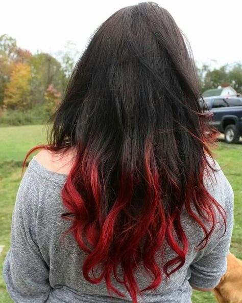 Red Tips On Dark Hair, Ombre Red And Brown Hair, Layered Hair With Red Tips, Dark Hair With Red Ends, Red Dyed Tips On Brown Hair, Red Hair Ends Dip Dye, Red Hair Bottom Half, Red Dyed Ends Of Hair, Black Hair With Red Tips Dip Dyed