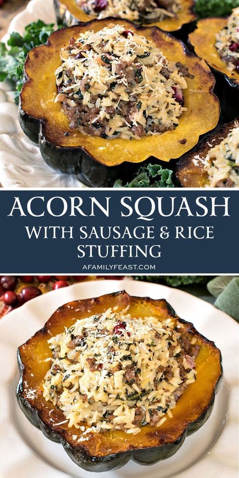 Acorn Squash with Sausage & Rice Stuffing Wild Rice Stuffed Acorn Squash, Rice Stuffed Acorn Squash, Sausage Stuffed Acorn Squash, Sausage Rice, Sausage Spinach, Fall Dinners, Stuffed Acorn Squash, Rice Stuffing, Acorn Squash Recipes