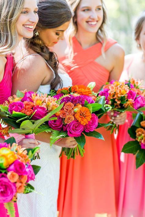 Coral And Fuschia Wedding, Hot Pink And Coral Wedding, Fuschia And Orange Wedding, Magenta And Orange Wedding, Sunset Orange Bridesmaid Dresses, Orange And Pink Wedding Flowers, Hot Pink Orange Wedding, Summer Color Wedding Ideas, Vibrant Bridesmaid Dresses