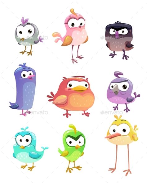 Funny cartoon standing birds set on white background. Vector cute comic bird characters. Cute Comic, Angry Animals, Animal Body Parts, Cartoon Birds, Crazy Bird, Funny Birds, Bird Drawings, Bird Illustration, Cute Birds