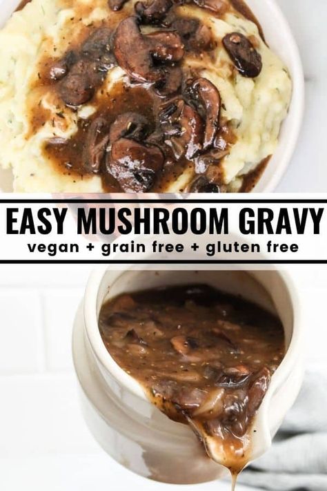 This mushroom gravy is easy to make and requires no drippings. In fact its vegan but you don't have to be vegan to love it! This gravy is rich in flavor and loaded with mushrooms and garlic. Ladle it over mashed potatoes, rice, chicken, steak, or (let's be honest) anything at all! Gravy Gluten Free, Gravy Vegan, Vegan Mushroom Gravy, Mushroom Gravy Recipe, Vegan Gravy, Vegan Mushroom, Mushroom Gravy, Vegan Sauces, Gravy Recipe