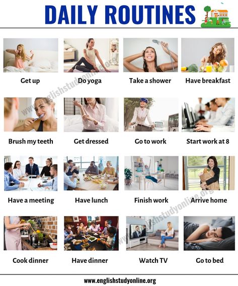 Daily Routine: How to Talk about Your Daily Activities in English - English Study Online Daily Routine Pictures, Buddha Pics, Daily Routine In English, Cooking Verbs, Activities In English, Esl Beginners, Daily Routine Activities, Regular Verbs, Routine Chart