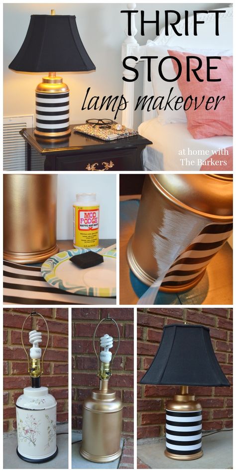 Thrift Store Lamp Makeover-Gold Spray Paint-Mod Podge Thrift Store Lamp Makeover, Luminaria Diy, Diy Luminaire, Thrift Store Diy, Mod Podge Crafts, Lamp Makeover, Lamp Ideas, Trendy Diy, Thrift Store Crafts