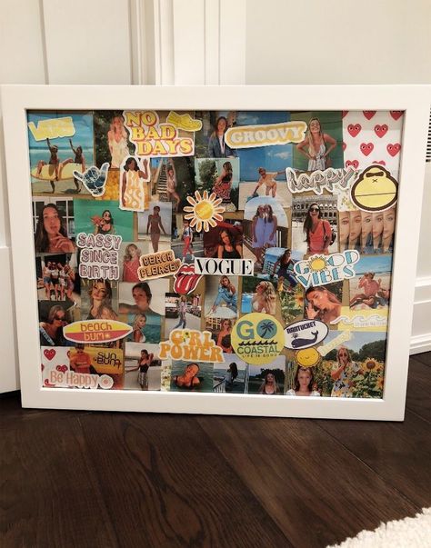 Cute Picture Collage Ideas Room Decor, Picture Gift Ideas For Best Friends, Cute Things To Do With Printed Photos, Things To Put Stickers On In Your Room, Room Vision Board Ideas, Art With Friends Diy Projects, Pin Board Collage, Cute Photo Collage Ideas, Pin Board Ideas Room Decor