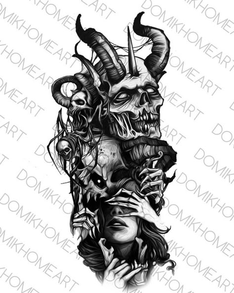 Skull Nun Tattoo, Demonic Leg Sleeve Tattoo, Dark Nun Tattoo, Demon Shoulder Tattoo, Evil Tattoos For Men, Dark Forearm Tattoo, Demon Back Tattoo, Demons Tattoo Ideas, Demon Sleeve Tattoo