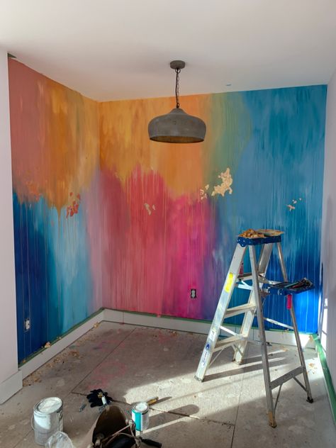 Drip Paint Wall Mural, Crazy Painted Walls, Splatter Paint Walls Bedroom, Acrylic Paint On Walls Bedroom, Multicolor Wall Paint Ideas, Rorys Room, Basement Mural, Aria Bedroom, Multicolor Bedroom