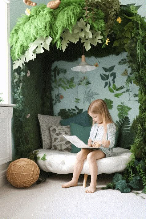 50+ Best DIY Kids Reading Nook Ideas To Inspire - In The Playroom Treehouse Reading Nook, Woodland Playroom Ideas, Kids Reading Nooks, Reading Nook Boys Room, Playroom Diy Ideas, Kids Bedroom Reading Nook, Kids Reading Nook Corner, Forest Reading Nook, Nature Themed Playroom