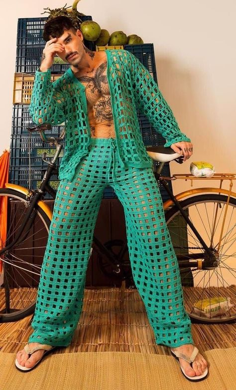 Crochet Male Clothes, Crochet Outfits For Men, Wide Leg Pants 2022, Male Festival Outfits, Queer Fashion Guys, Loose Pants For Women, Mens Rave Outfits, Festival Outfits Men, Crochet Men