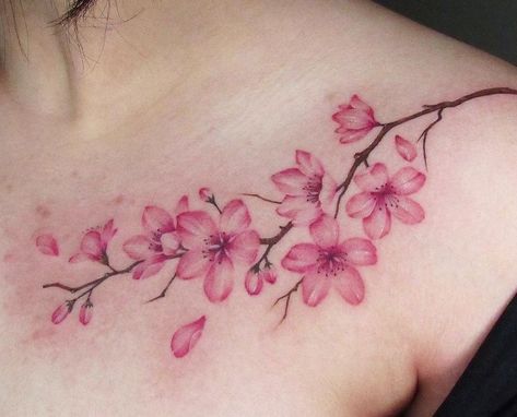 Elegant Cherry Blossom Tattoo, Sakura Tattoo Shoulder, Cherry Blossom Branch Tattoo Design, Coloured Floral Tattoo, Cherry Blossom Cat Tattoo, Cherry Flowers Tattoo, Cherry Blossom Tattoo Women, Cherry Blossom Tattoo Collar Bone, Cherry Blossom Tattoo Sleeve Woman