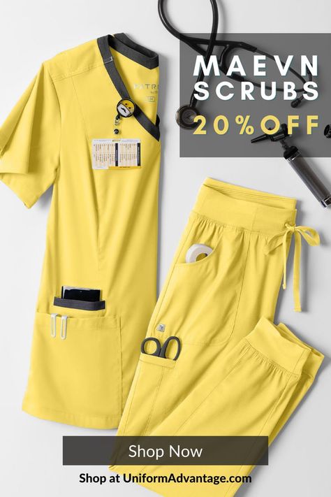 Maevn Matrix Sunshine yellow scrub top and scrub pants folded on white background with text reading "Maevn Scrubs: 20% off" at top right and Shop now at UniformAdvantage.com button at bottom Scrub Suit Design, Nursing Scrubs Outfits, Medical Clothes, Scrubs Fashion, Winter Scrubs, Dental Uniforms, Medical Scrubs Fashion, Cna Life, Medical Scrubs Outfit