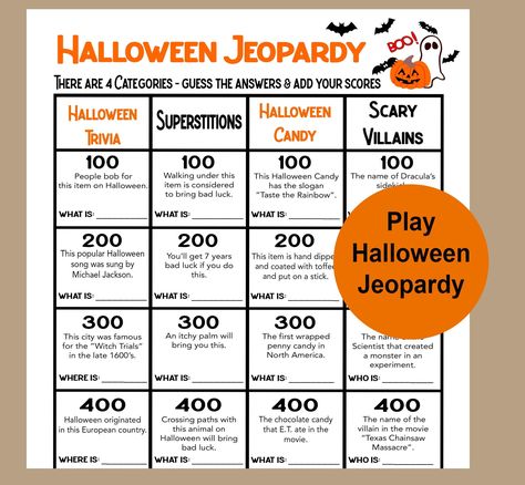 Halloween Jeopardy Game, Halloween Trivia Game, Seniors Halloween Game, Teens Halloween Trivia Fun Game, Halloween Party Game - Etsy Halloween Jepordy, Halloween Jeopardy, Halloween Trivia, Fun Halloween Party Games, What Is Play, Jeopardy Game, Fun Halloween Games, Halloween Names, Senior Games