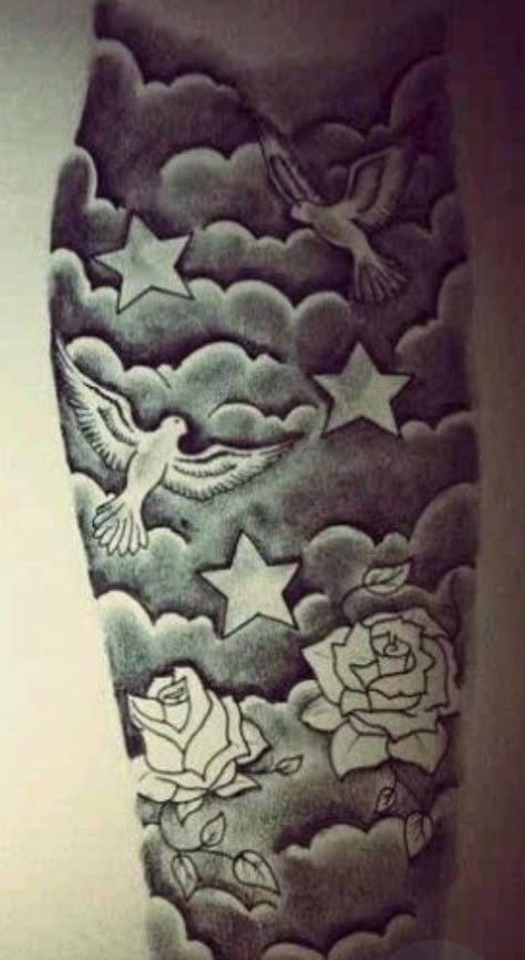 Star Sleeve Tattoo, Cloud Tattoo Sleeve, Tattoos Cool, Half Sleeve Tattoo Stencils, Arm Tattoos Drawing, Half Sleeve Tattoos Forearm, Cool Shoulder Tattoos, Half Sleeve Tattoos Drawings, Tattoos Arm