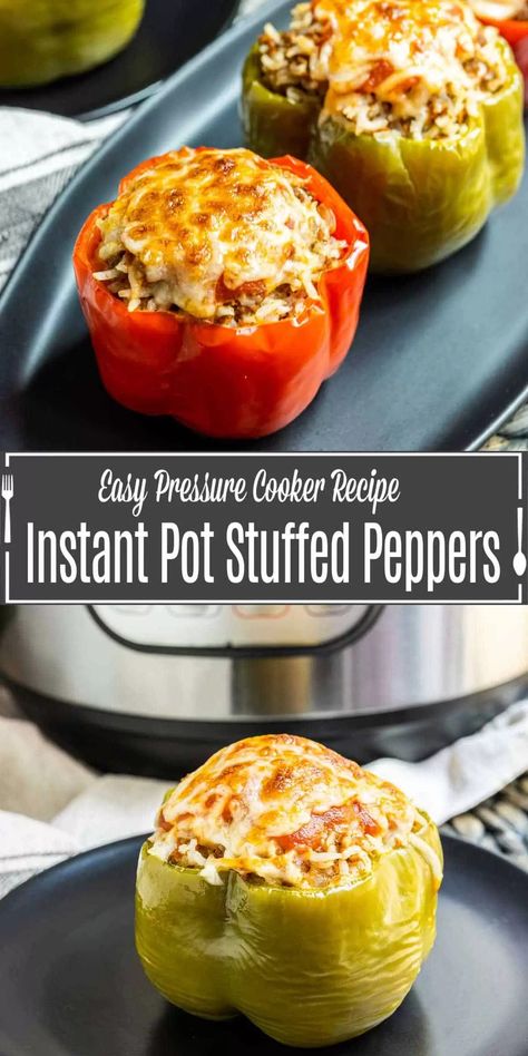 Instant Pot stuffed peppers are a convenient and fast way to enjoy this classic recipe. This one pot meal requires little effort to make a delicious weeknight meal. Oven and slow cooker instructions included! If you want to cook stuffed peppers in the Instant Pot this is the recipe for you. Make this classic comfort food recipe in your pressure cooker for your weeknight dinner and watch it disappear. Instant Pot Stuffed Peppers, Ground Beef And Rice, Best Easy Dinner Recipes, Easy Pressure Cooker Recipes, Stuffed Peppers Recipe, One Pot Meal, Healthy Instant Pot Recipes, Beef And Rice, Fun Easy Recipes