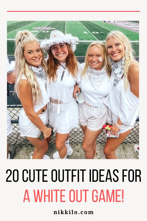 Cute White Out Football Game Outfits, Ice Out Football Game Theme Outfit, All White Football Game Outfit, Football White Out Outfit, White Out Day Spirit Week, White Out Ideas For Football Games, White Out Basketball Game Outfit, Whiteout Outfit Football Game, Homecoming Game Outfits High School