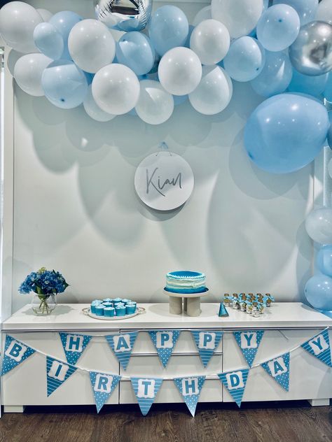 Sky Blue Birthday Theme, Sky Birthday Theme, Light Blue Theme, Blue Birthday Themes, Candy Bottle, Name Board, Blue Birthday Parties, Simple Birthday Decorations, 18th Birthday Cake