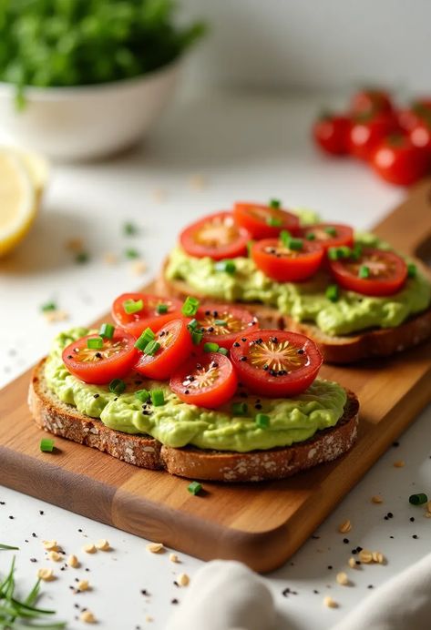 A delicious avocado toast topped with cherry tomatoes, chives, and sesame seeds on multigrain bread, photographed in bright natural light on a wooden cutting board with a pastel color backdrop. Avocado Toast With Tomatoes, Simple Breakfast Aesthetic, Cherry Tomato Toast, Toast Spreads, Beautiful Sandwiches, Breakfast With Avocado, Avocado Toast Aesthetic, Avo Toast, Multigrain Bread