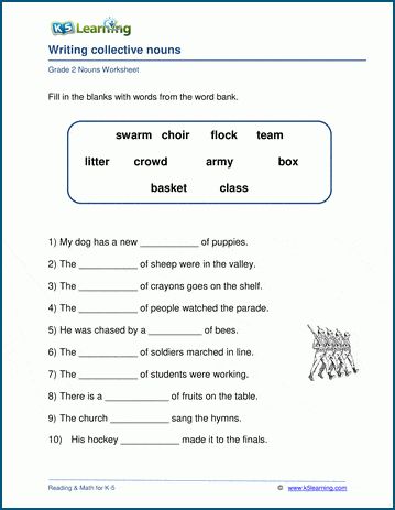 K5 Learning nouns worksheets where students use a word bank of collective nouns to complete the sentences. Free and printable worksheets; no login required. K5 Learning Worksheets, Collective Nouns Worksheet, Grade 1 Worksheets, Conjunctions Worksheet, Grammar Help, Thing To Learn, Nouns Activities, Free Math Printables, Basic English Grammar