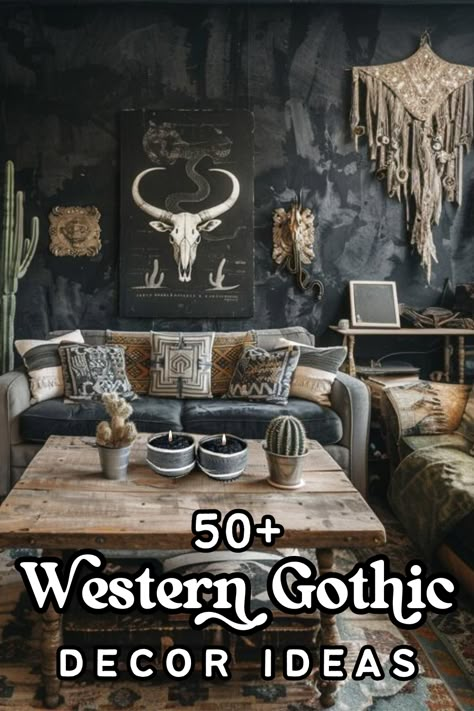 Western Gothic Decor Ideas: How to Get the Look in Your Apartment — Moda Misfit | Small Apartment Styling + Cozy Living Gothic Apartment Decor Living Room, Dark Country Living Room, Goth Western Style Home, Gothic Farmhouse Interior, Western Gothic Aesthetic House, Gothic Country Aesthetic, Gothic Western Home Decor, Country Gothic Aesthetic, Western Gothic Decor