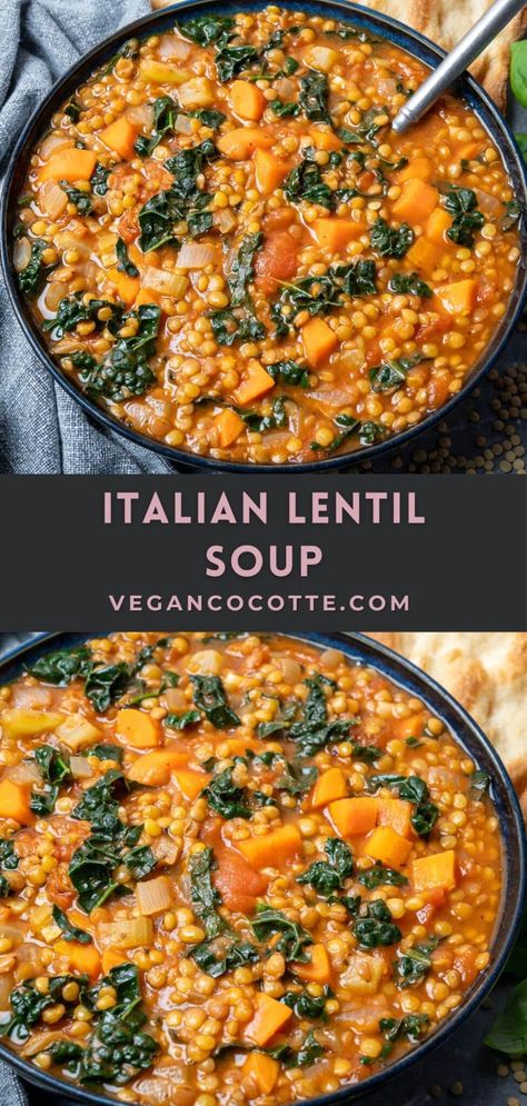 Lentil Recipes Italian, Lentil Soup Recipe Healthy, Vegan Cocotte, Italian Lentil Soup Recipe, Italian Lentil Soup, Homemade Lentil Soup, Red Lentil Recipes, Lentil Vegetable Soup, Easy Vegan Soup