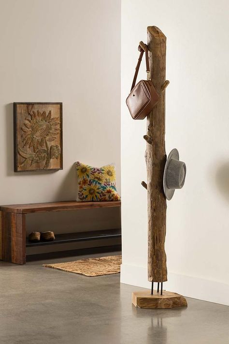 This rustic coat rack is handcrafted from repurposed teak wood and includes 5 hooks for hanging up items... or just admire it as a sculptural accent piece. Beach Crafts Diy, Wood Coat Rack, Rustic Coat Rack, Coat Tree, Standing Coat Rack, Reclaimed Furniture, Entryway Storage, Bent Wood, Coat Rack Wall