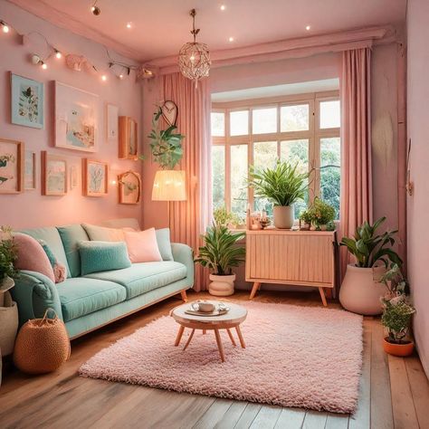 Pastel Orange Living Room, Boho Danish Pastel Aesthetic, Simple Colorful Living Room, Pink And Green Living Room Decor, Peach Living Room, Pastel Lounge, Pastel Apartment, Yellow Kitchen Cabinets, Pastel Interior Design