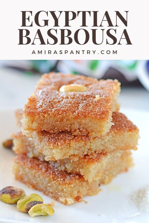 Egyptian basbousa is one of the most famous Arabic sweets. Semolina mixed with butter, sugar, yogurt and coconut and drizzled with flavored sugar syrup. #ArabicSweets #EgyptianDesserts #SemolinaCake #EasyDessertRecipe #MiddleEastFood Basbousa Recipe, Egyptian Desserts, Arabisk Mad, Arabic Sweets Recipes, حلويات عربية, Arabic Desserts, International Desserts, Arabic Dessert, Semolina Cake