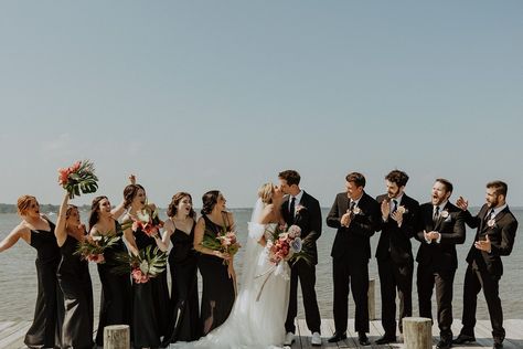 Wedding Party All Black Attire, Beach Wedding Bridesmaid And Groomsmen, Black Tux Beach Wedding, Beach Wedding Black Bridesmaid Dresses, Black Tie Destination Wedding, Black Wedding Party Attire, Black Tie Beach Wedding, Black Beach Wedding, Black Tie Wedding Party