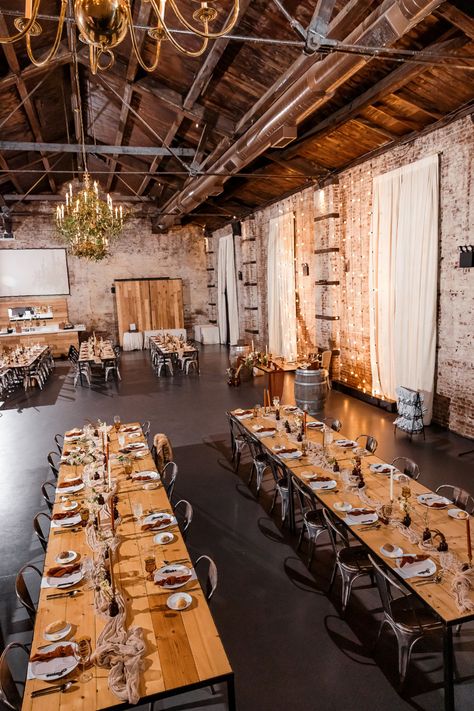 Rustic Event Center, Rustic Event Space, Warehouse Party Decor, Brick Wedding Venue Decor, Small Venue Space, Small Event Space Design, Industrial Rustic Wedding, Brick Wedding Venue, Industrial Wedding Reception