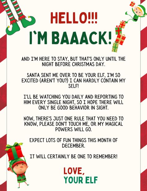 Welcome Back Elf On The Shelf Ideas Advent Calendar, Elf On Shelf I Am Back Ideas, Elf On The Arrival Ideas, Elf On The Shelf Idea Arrival, Elf On The Shelf Ideas For Toddlers First Welcome, Elf Has Arrived Ideas, Elf On The Shelf Arrival Ideas Im Back, Elf On The Shelves Arrival, Elf December 1st