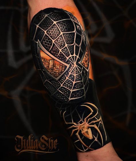 Black Spiderman Tattoo, Tattoo Ideas Spiderman, Amazing Spiderman Tattoo, Spiderman Tattoo Design, Spiderman Tattoo Ideas, Miles Morales Tattoo, Marvel Tattoo Sleeve, 3d Spider Tattoo, Spidey Sense