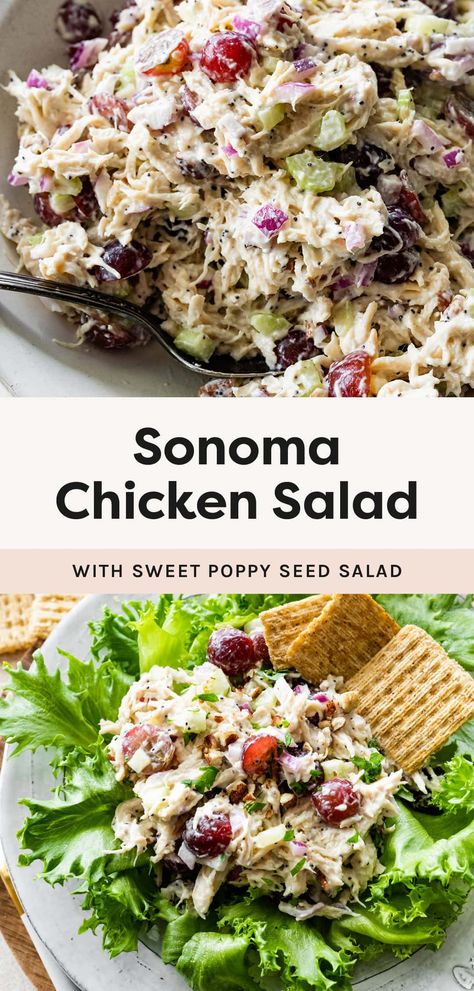 This Whole Foods copycat Sonoma chicken salad combines shredded chicken with grapes, pecans, red onion and celery all tossed in a creamy, sweet poppy seed dressing. It's easy, flavorful and the perfect make-ahead lunch recipe. Chicken Salad Poppy Seed Dressing, Sonoma Chicken Salad Recipe, Wine Country Chicken Salad, Unique Chicken Salad Recipes, Grape Chicken Salad Recipe, Sweet Chicken Salad Recipe, Chicken For Salad, Poppyseed Chicken Salad, Salads With Chicken