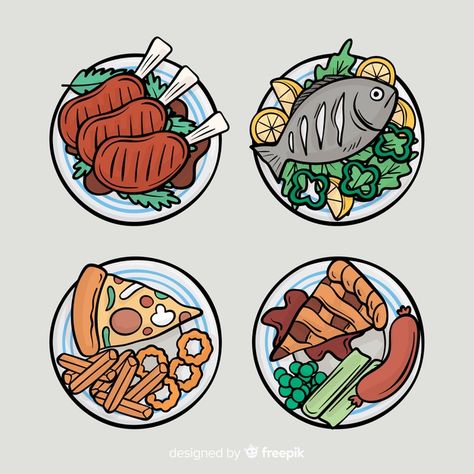 Hand drawn food dishes collection | Free Vector #Freepik #freevector #food #hand #fish #pizza Fish Food Illustration, Fish Food Drawing, Cartoon Food Drawings, Dishes Drawing, Food Drawing Easy, Fish Pizza, Drawn Food, Japanese Food Illustration, Mobile Stickers