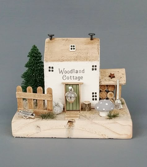 Bleak Midwinter Cottages | DriftwoodSails Scrap Wood Houses, Mini Wooden Houses, Wood Block Houses, Wooden House Decoration, Coloured Houses, Wood Log Crafts, Wood Cottage, Little Wooden Houses, Driftwood Houses