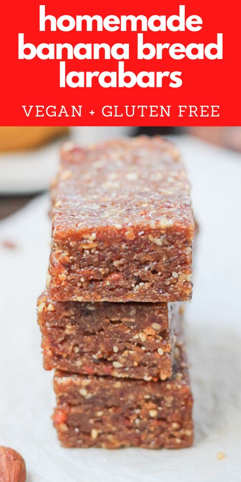 This healthy, whole 30 approved, homemade Banana Bread Larabar recipe is made with only THREE vegan and gluten free ingredients. Diy yourself this yummy copycat version of the popular lara bar! Paleo Banana Recipes, Paleo Banana Cake, Lara Bars Recipe, Recipe Banana Bread, Gluten Free Snacks Recipes, Whole 30 Dessert, Whole 30 Snacks, Energy Bars Recipe, Paleo Banana Bread