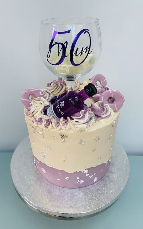 Lilac, silver leaf, rhubarb gin cake with russian buttercream Alcohol Cake Ideas For Women, Alcohol Theme Cakes For Women, Wine Themed Cakes Ideas, 50th Birthday Ideas For Women Cakes, 50 Birthday Cake Ideas For Women, Wine Theme Cakes, Wine Cakes, Gin Cake, Russian Buttercream