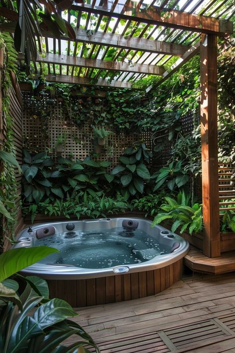 Backyard Hot Tub Privacy, Tub Garden Ideas, Hot Tub Garden Ideas, Hot Tub Privacy Ideas, Enchanting Backyard, Backyard Hot Tub, Hot Tub Bar, Pool Patio Ideas, Small Hot Tub