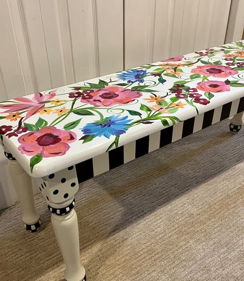 Garden Entrance Design, Painted Picnic Tables, Painted Furniture Designs, Hand Painted Chairs, Painted Benches, Whimsical Painted Furniture, Whimsical Furniture, Painted Chair, Farmhouse Bench