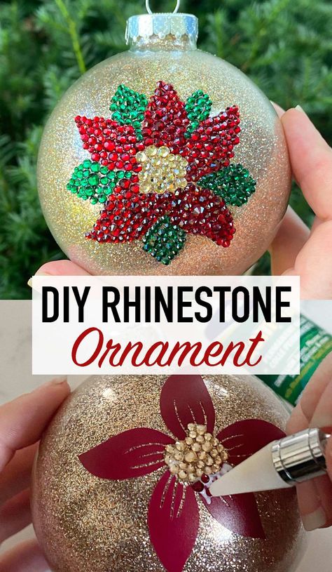 How to make a glittered poinsettia rhinestone ornament. Beautiful DIY bling ornament for your Christmas tree using Crystal rhinestones. Diamond Dotz Christmas Ornaments, Diamond Painting Ornaments, Bedazzled Diy Ideas, Diamond Art Ornaments, Diamond Dot Ornaments, Diy Bling Christmas Ornaments, Items To Rhinestone, Bedazzled Christmas Ornaments, Diamond Art Christmas Ornaments