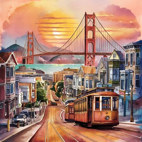 San Francisco Painting, Golden Gate Bridge Painting, Pier 39 San Francisco, San Francisco Pictures, Bridge Painting, Famous Cities, San Francisco Art, The Golden Gate Bridge, Japanese Landscape