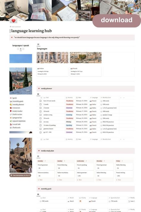 #Aesthetic_Language_Learning #Language_Learning_Tracker #Notion_Template_Language #Language_Learning_Template Aesthetic Language Learning, Language Learning Tracker, Notion Template Language, Language Learning Template, Learning Tracker, Language Learning Aesthetic, Study Moods, Korean Planner, Language Learning Planner