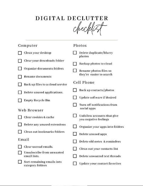 Declutter Printables Free, Digital Organization Ideas, Digital Cleaning Checklist, Digital Declutter Checklist, Phone Declutter Checklist, New Job Checklist, Monthly Reset Checklist, Phone Declutter, Weekly Reset Checklist