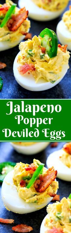 Jalapeno Popper Deviled Eggs flavored with cream cheese, bacon, and jalapenos. Jalapeno Popper Deviled Eggs, Low Carb Veggie, Spicy Deviled Eggs, Egg Benedict, Soup Appetizers, Jalapeno Popper, Deviled Eggs Recipe, Snack Attack, Dinner Appetizers